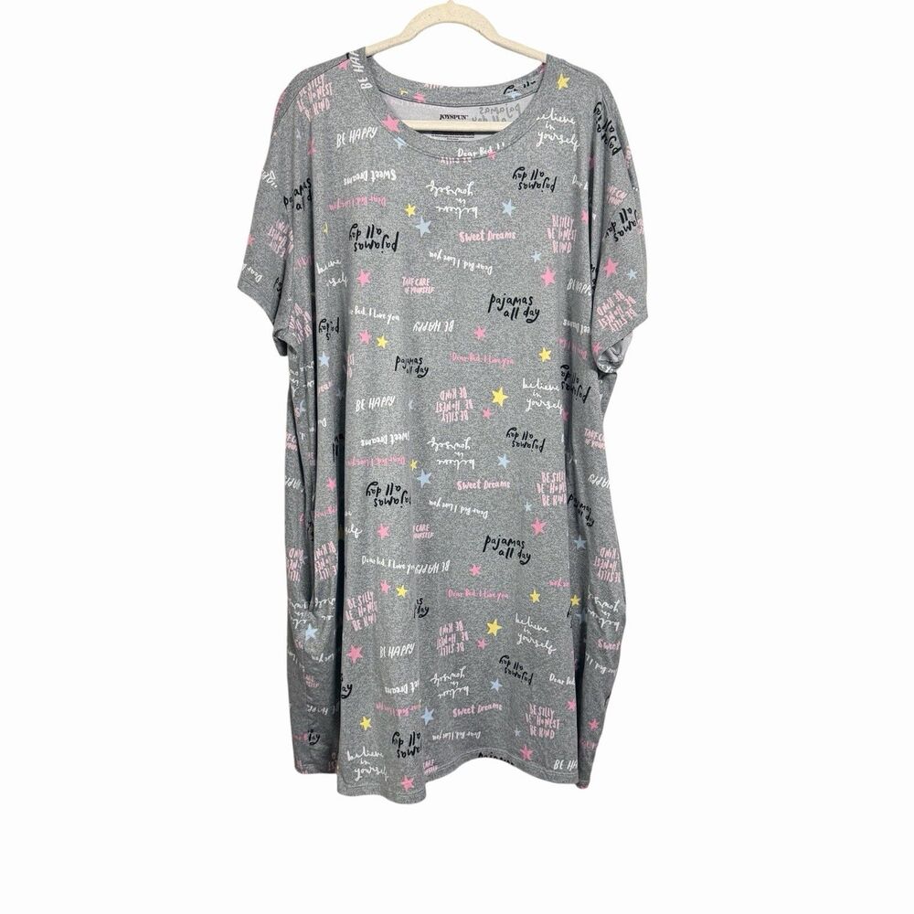 Joyspun Womens Sz 2X-3X Sleep Shirt Nightgown Gray Pajamas All Day Stars Pockets